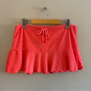 G21 Coral Terry Cloth Mini Skirt Beaded Drawstring Ruffle Hem – Size Small EUC